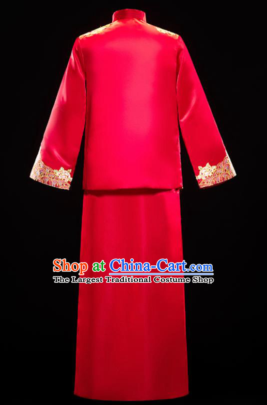 Chinese Traditional Bridegroom Wedding Embroidered Xiuhe Suits Costumes Tang Suit Wine Red Mandarin Jacket and Long Gown for Men