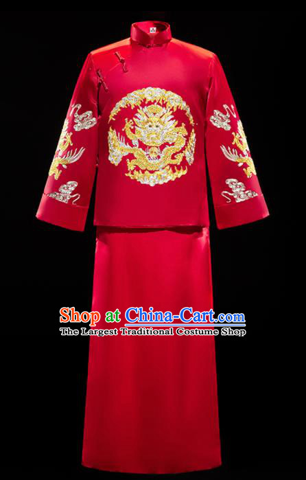 Chinese Traditional Bridegroom Wedding Embroidered Dragon Xiuhe Suits Costumes Tang Suit Wine Red Mandarin Jacket and Long Gown for Men