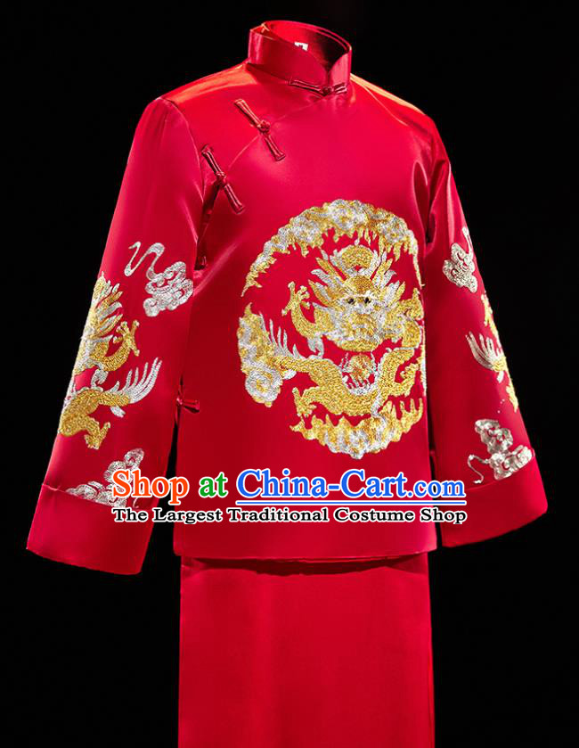 Chinese Traditional Bridegroom Wedding Embroidered Dragon Xiuhe Suits Costumes Tang Suit Wine Red Mandarin Jacket and Long Gown for Men