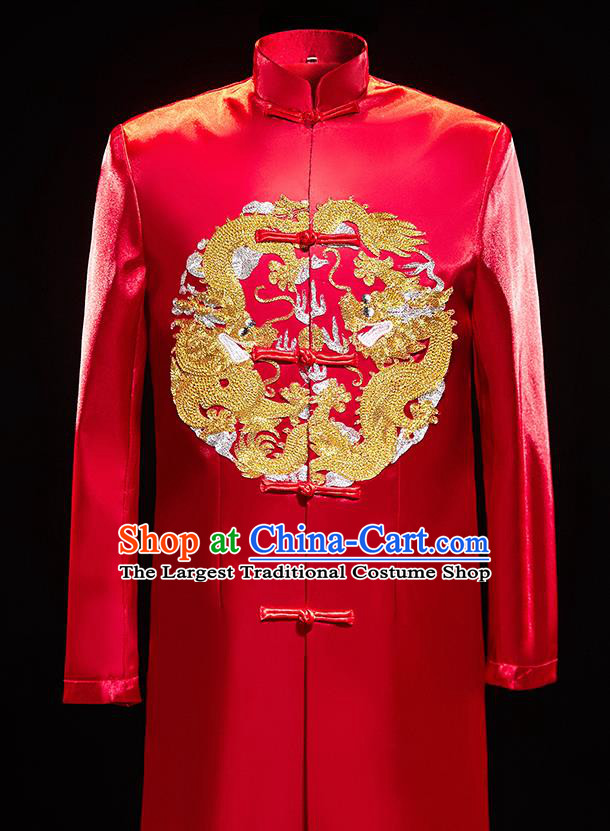 Chinese Traditional Bridegroom Wedding Embroidered Dragon Costumes Tang Suit Red Mandarin Jacket for Men