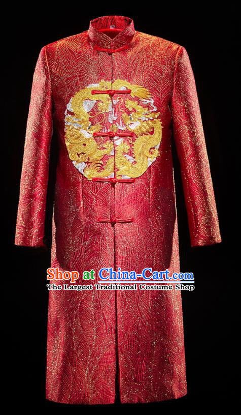 Chinese Traditional Bridegroom Wedding Embroidered Dragon Costumes Tang Suit Purplish Red Mandarin Jacket for Men