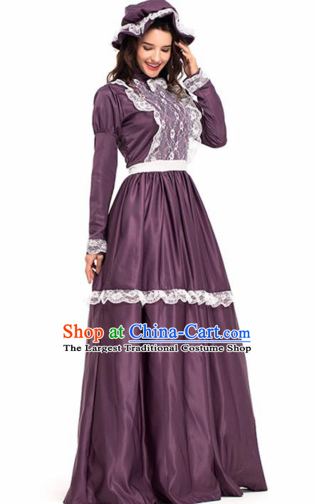 Traditional Europe Renaissance Civilian Purple Dress Stage Performance Halloween Cosplay Costume for Women
