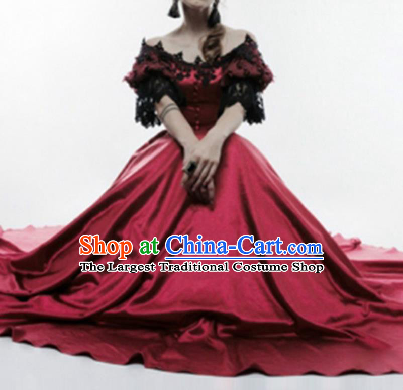 Traditional Europe Court Renaissance Wine Red Dress Halloween Cosplay Stage Performance Costume for Women