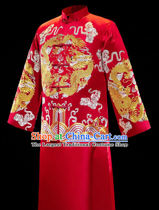 Chinese Traditional Tang Suit Red Mandarin Jacket and Gown Ancient Bridegroom Wedding Embroidered Costumes for Men