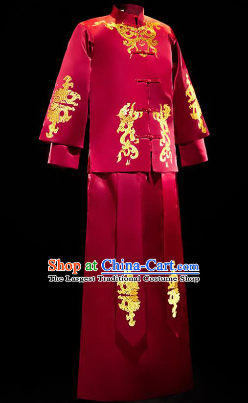 Chinese Traditional Tang Suit Dark Red Mandarin Jacket and Gown Ancient Bridegroom Wedding Embroidered Costumes for Men