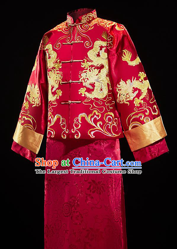 Chinese Traditional Tang Suit Embroidered Red Mandarin Jacket and Gown Ancient Bridegroom Wedding Costumes for Men