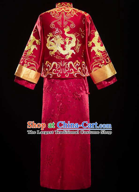 Chinese Traditional Tang Suit Embroidered Red Mandarin Jacket and Gown Ancient Bridegroom Wedding Costumes for Men