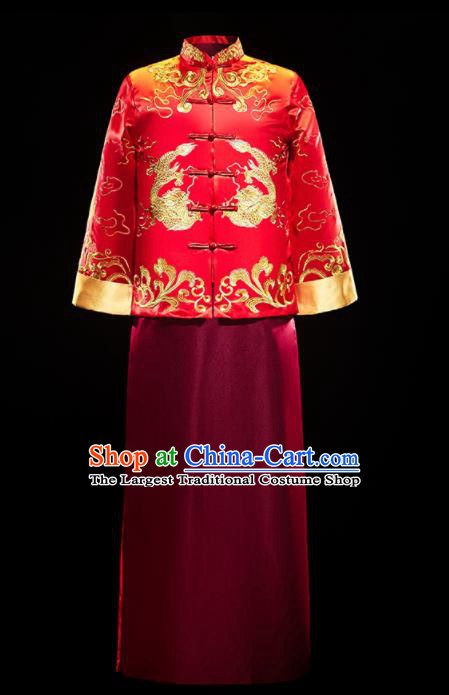 Chinese Traditional Tang Suit Embroidered Red Mandarin Jacket and Wine Red Gown Ancient Bridegroom Wedding Costumes for Men