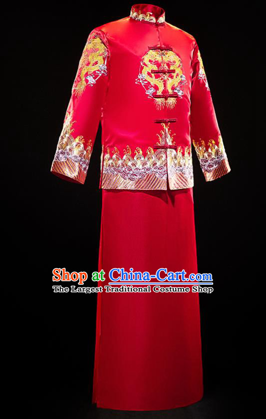 Chinese Traditional Embroidered Tang Suit Red Mandarin Jacket and Gown Ancient Bridegroom Wedding Costumes for Men