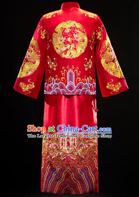 Chinese Traditional Embroidered Dragon Wedding Red Mandarin Jacket and Gown Ancient Bridegroom Tang Suit Costumes for Men