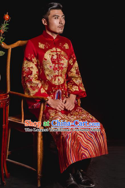 Chinese Traditional Embroidered Wedding Red Mandarin Jacket and Gown Ancient Bridegroom Tang Suit Costumes for Men