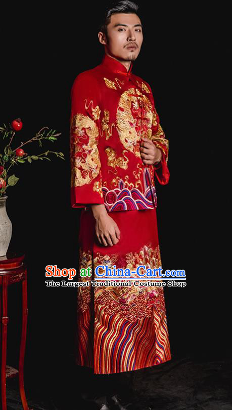 Chinese Traditional Embroidered Wedding Red Mandarin Jacket and Gown Ancient Bridegroom Tang Suit Costumes for Men