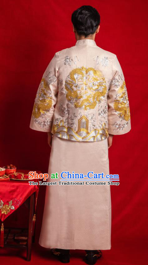 Chinese Traditional Embroidered Wedding Champagne Mandarin Jacket and Gown Ancient Bridegroom Tang Suit Costumes for Men