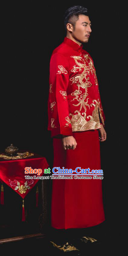 Chinese Traditional Wedding Embroidered Red Mandarin Jacket and Gown Ancient Bridegroom Tang Suit Costumes for Men