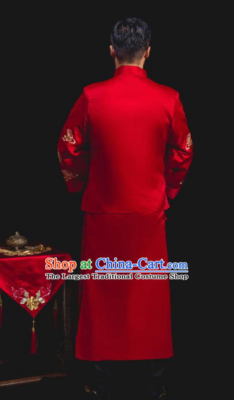 Chinese Traditional Wedding Embroidered Red Mandarin Jacket and Gown Ancient Bridegroom Tang Suit Costumes for Men