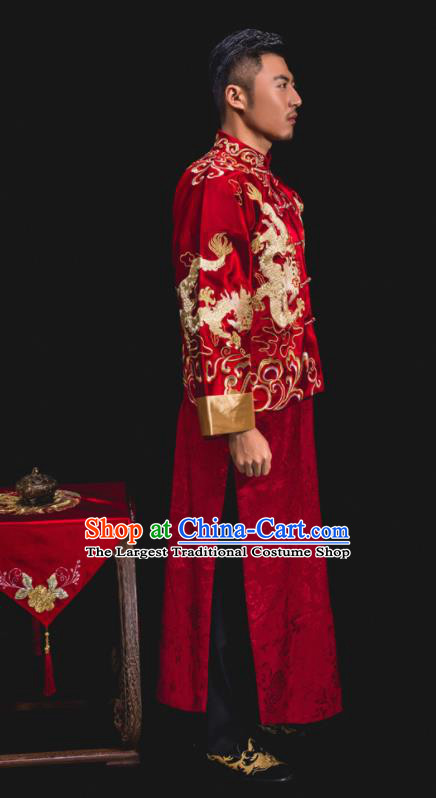 Chinese Traditional Wedding Embroidered Dragons Red Mandarin Jacket and Gown Ancient Bridegroom Tang Suit Costumes for Men