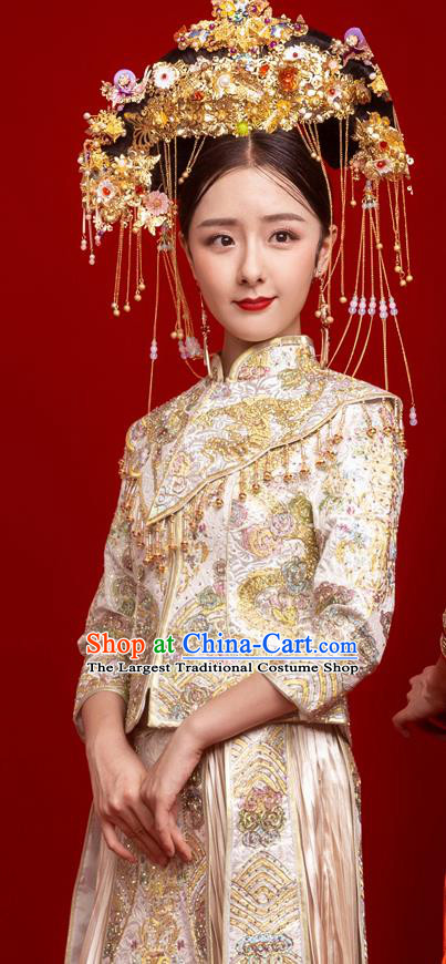 Chinese Traditional Wedding Toast White Xiuhe Suit Ancient Bride Embroidered Full Dress for Women