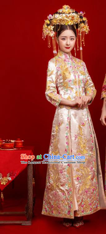 Chinese Traditional Wedding Toast Champagne Xiuhe Suit Ancient Bride Embroidered Full Dress for Women