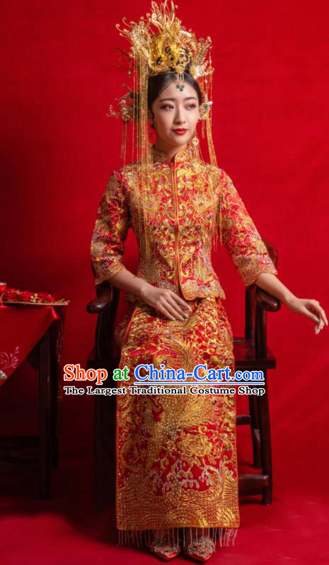 Chinese Traditional Wedding Costumes Toast Phoenix Xiuhe Suit Ancient Bride Embroidered Full Dress for Women