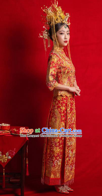 Chinese Traditional Wedding Costumes Toast Phoenix Xiuhe Suit Ancient Bride Embroidered Full Dress for Women