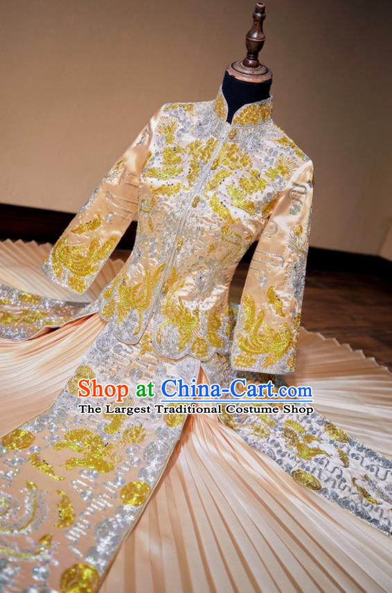 Chinese Traditional Wedding Costumes Toast Champagne Xiuhe Suit Ancient Bride Embroidered Full Dress for Women
