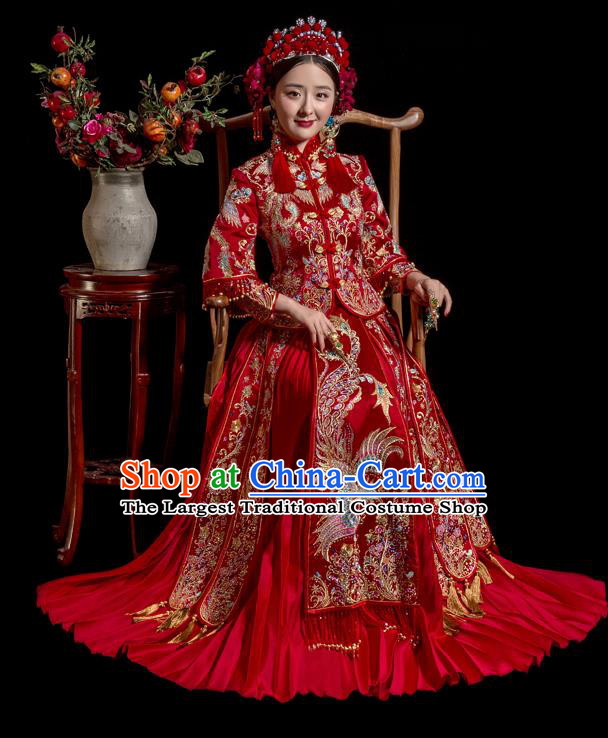 Chinese Traditional Wedding Toast Costumes Embroidered Xiuhe Suit Ancient Bride Full Dress for Women
