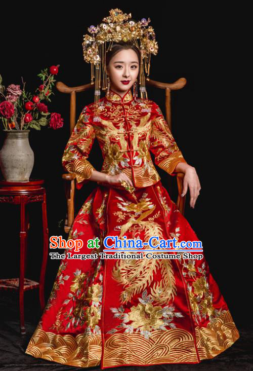 Chinese Traditional Wedding Toast Costumes Embroidered Phoenix Red Xiuhe Suit Ancient Bride Full Dress for Women