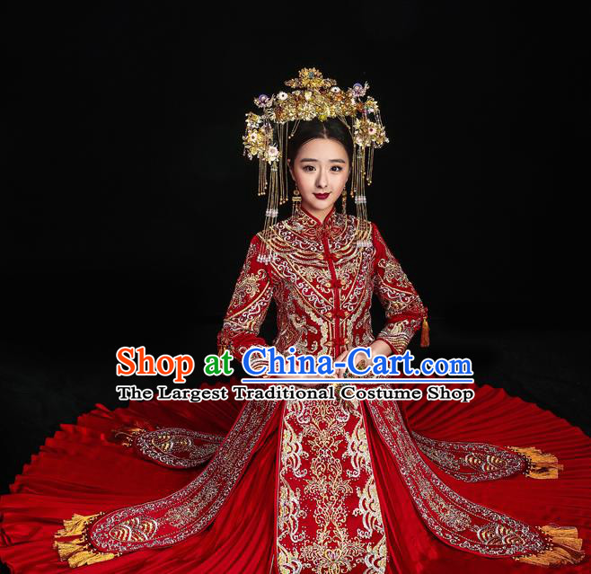Chinese Traditional Wedding Toast Longfeng Flown Costumes Embroidered Red Xiuhe Suit Ancient Bride Full Dress for Women