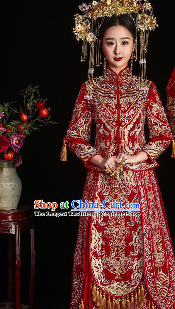 Chinese Traditional Wedding Toast Longfeng Flown Costumes Embroidered Red Xiuhe Suit Ancient Bride Full Dress for Women
