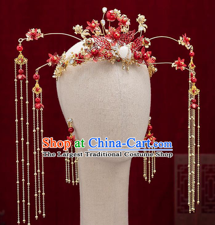 Chinese Traditional Bride Red Leaf Phoenix Coronet Handmade Hairpins Wedding Hair Accessories for Women