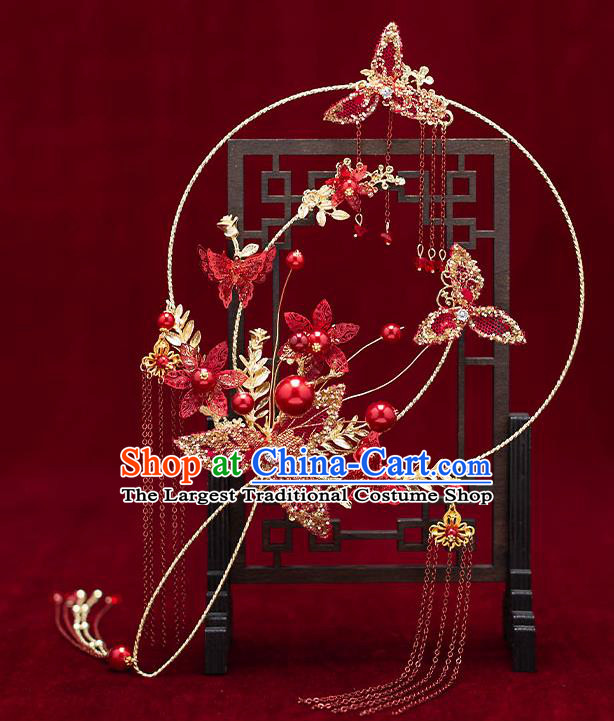 Chinese Traditional Wedding Palace Fans Ancient Bride Prop Red Round Fan for Men