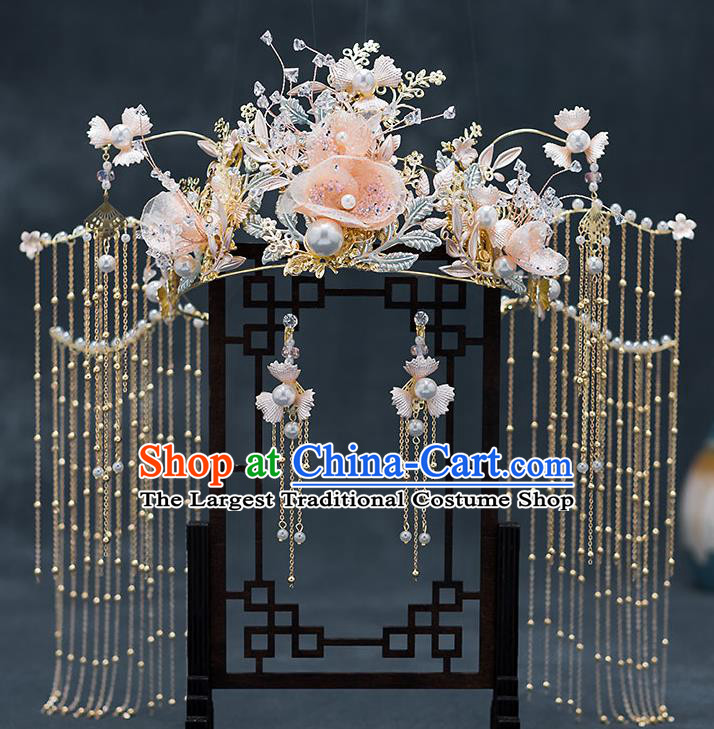 Chinese Traditional Bride Pink Flowers Hair Crown Handmade Hairpins Wedding Hair Accessories Complete Set for Women