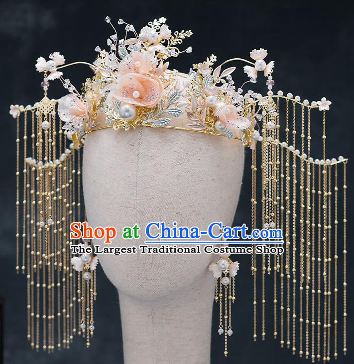 Chinese Traditional Bride Pink Flowers Hair Crown Handmade Hairpins Wedding Hair Accessories Complete Set for Women