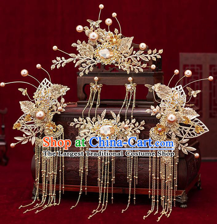 Chinese Traditional Bride Golden Hair Crown Handmade Hairpins Wedding Hair Accessories Complete Set for Women