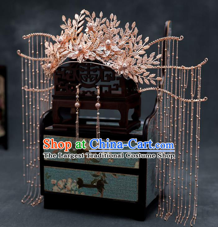 Chinese Traditional Bride Tassel Hair Crown Handmade Hairpins Wedding Hair Accessories Complete Set for Women
