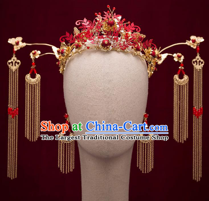 Chinese Traditional Bride Tassel Red Hair Crown Handmade Hairpins Wedding Hair Accessories Complete Set for Women