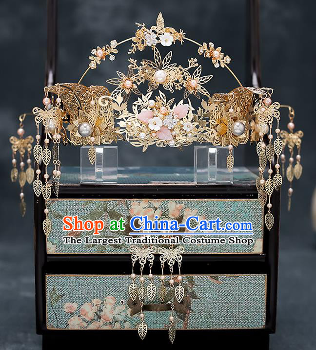 Chinese Traditional Bride Golden Phoenix Coronet Handmade Hairpins Wedding Hair Accessories Complete Set for Women