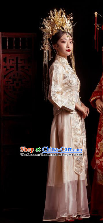 Chinese Traditional Wedding White Costumes Toast Xiuhe Suit Ancient Bride Embroidered Full Dress for Women
