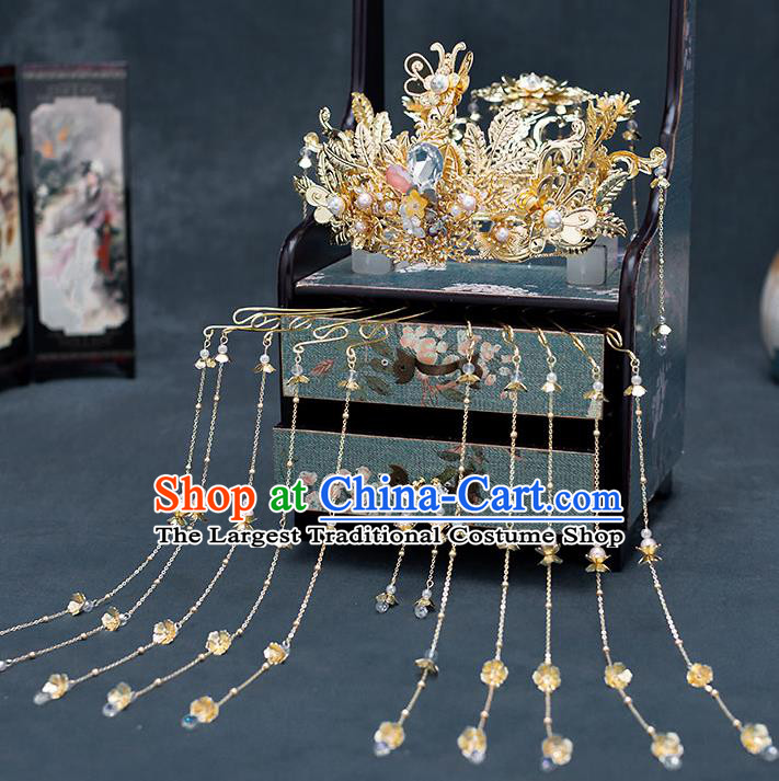 Chinese Traditional Bride Golden Royal Crown Handmade Hairpins Wedding Hair Accessories Complete Set for Women