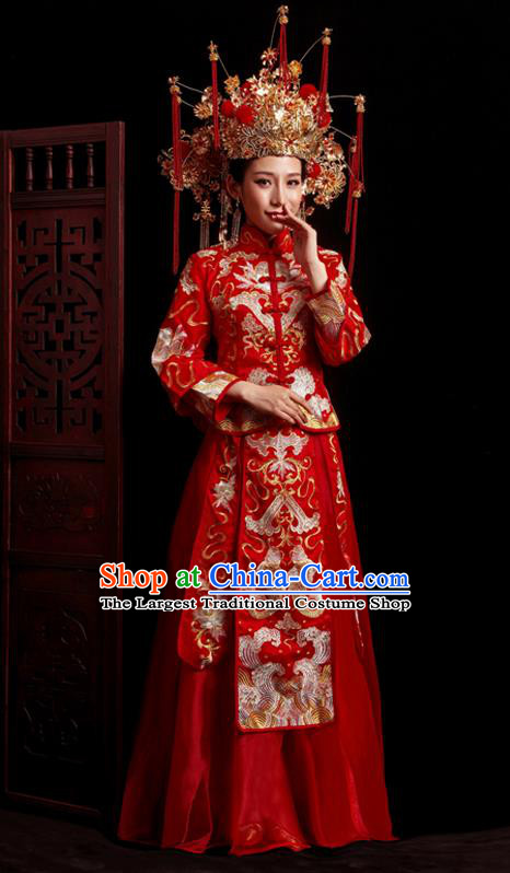 Chinese Traditional Wedding Red Costumes Embroidered Toast Xiuhe Suit Ancient Bride Full Dress for Women