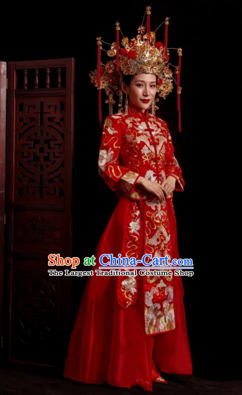 Chinese Traditional Wedding Red Costumes Embroidered Toast Xiuhe Suit Ancient Bride Full Dress for Women