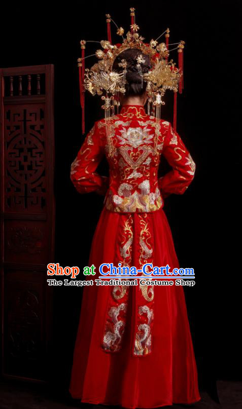 Chinese Traditional Wedding Red Costumes Embroidered Toast Xiuhe Suit Ancient Bride Full Dress for Women
