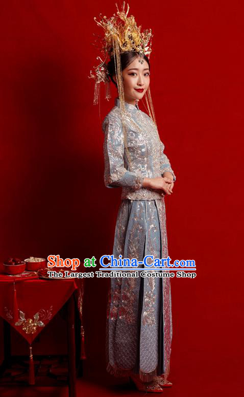 Chinese Traditional Wedding Costumes Embroidered Blue Toast Xiuhe Suit Ancient Bride Full Dress for Women