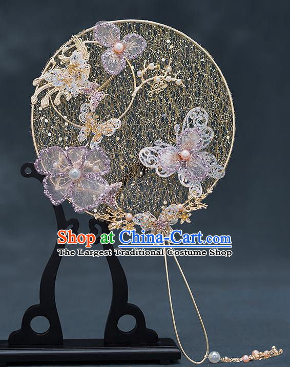 Chinese Traditional Wedding Lilac Butterfly Palace Fans Ancient Bride Prop Round Fan for Women