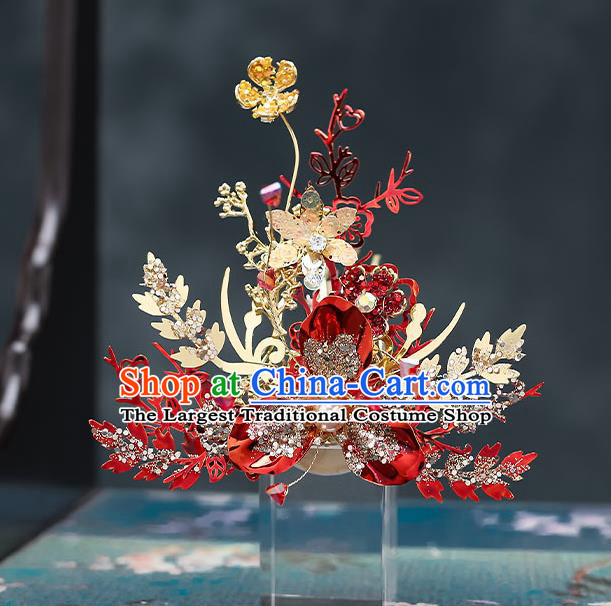 Chinese Traditional Red Flower Hair Comb Bride Handmade Hairpins Wedding Hair Accessories Complete Set for Women