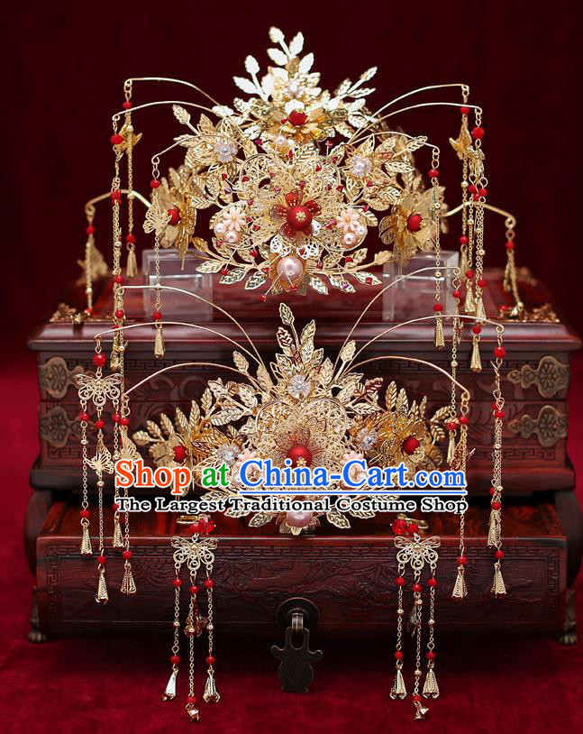 Chinese Traditional Golden Hair Crown Bride Handmade Tassel Hairpins Wedding Hair Accessories Complete Set for Women