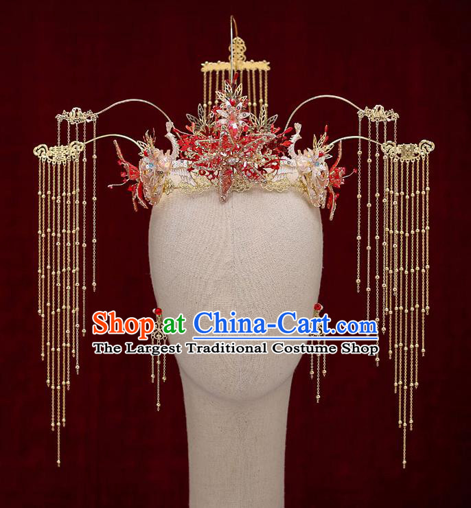 Chinese Traditional Red Star Phoenix Coronet Bride Handmade Tassel Hairpins Wedding Hair Accessories Complete Set for Women