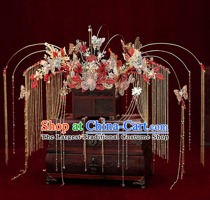 Chinese Traditional Crystal Phoenix Coronet Bride Handmade Tassel Hairpins Wedding Hair Accessories Complete Set for Women