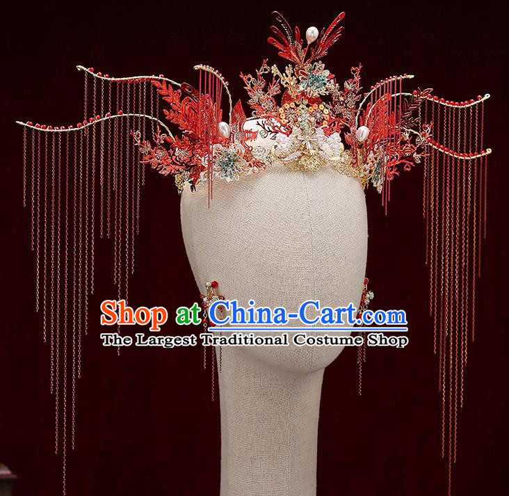Chinese Traditional Red Tassel Phoenix Coronet Bride Handmade Hairpins Wedding Hair Accessories Complete Set for Women