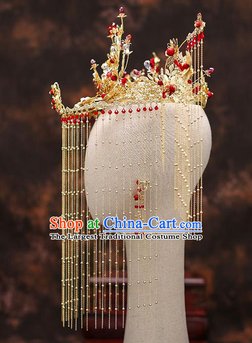 Chinese Traditional Golden Tassel Phoenix Coronet Bride Handmade Hairpins Wedding Hair Accessories Complete Set for Women